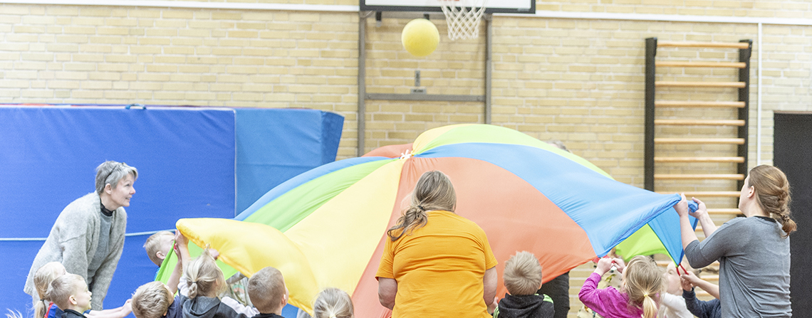 Børn og pædagoger i gang med boldleg. Foto: Kenneth Jensen.